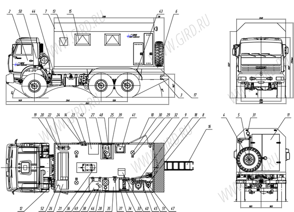 Схематический рисунок ПАРМ с токарным станком на шасси КАМАЗ