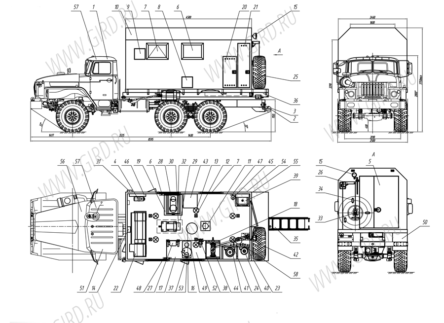 Схематический рисунок ПАРМ с токарным станком на базе шасси Урал 